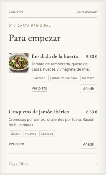 Ejemplo de la carta digital que abre el QR