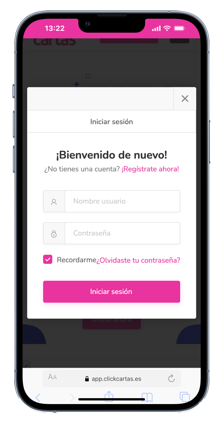 móvil navegación clickcartas registro