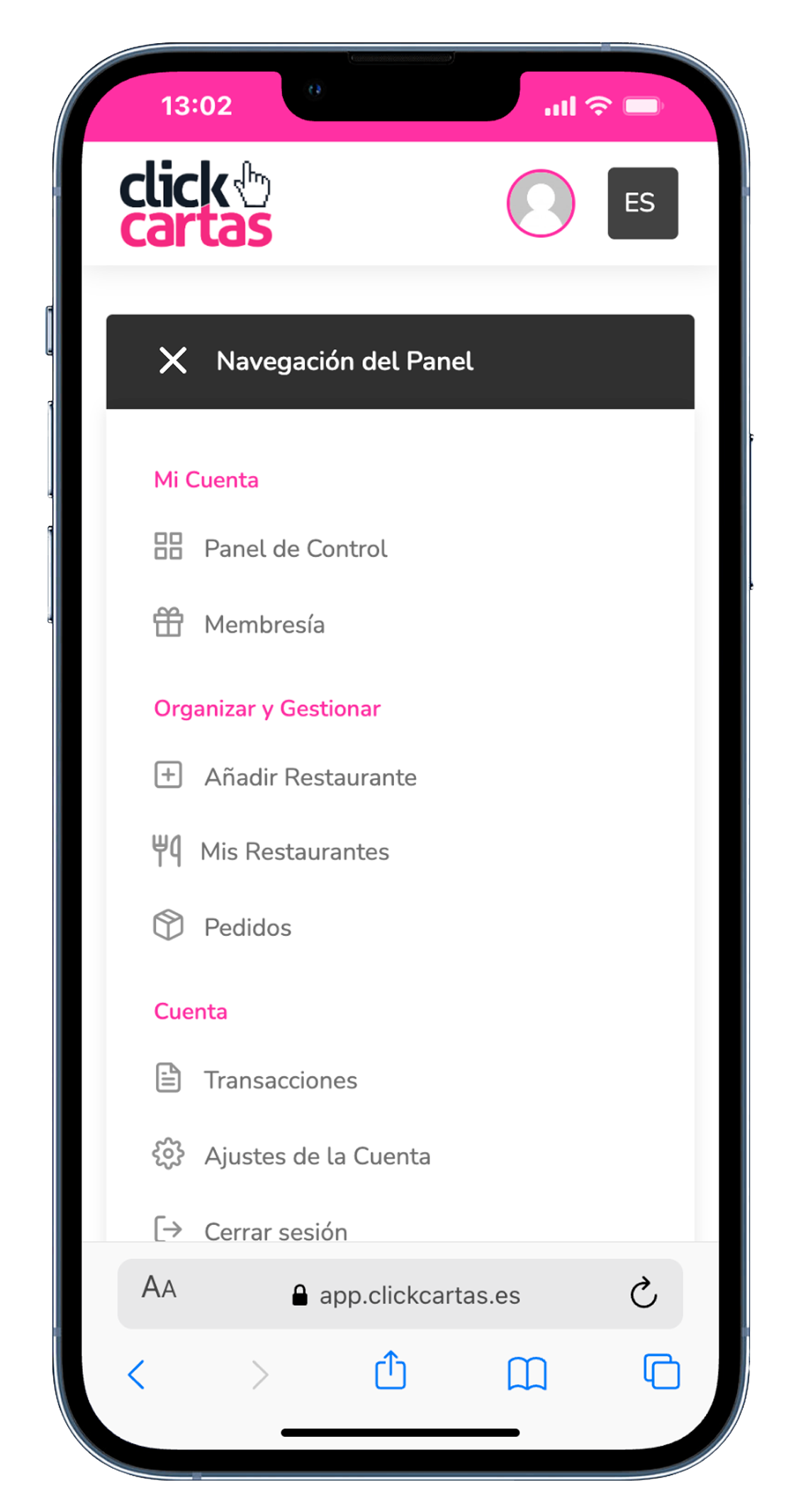 móvil panel control clickcartas ok